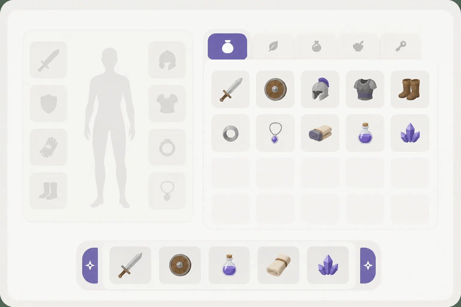 Clean grouped and tabbed inventory layout mockup with generous spacing after the UI redesign