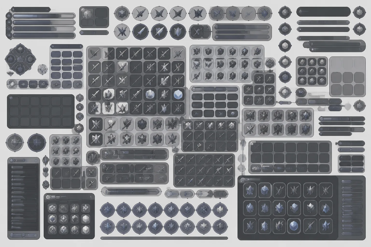Dense cluttered game inventory HUD mockup with slots packed edge to edge before the UI audit