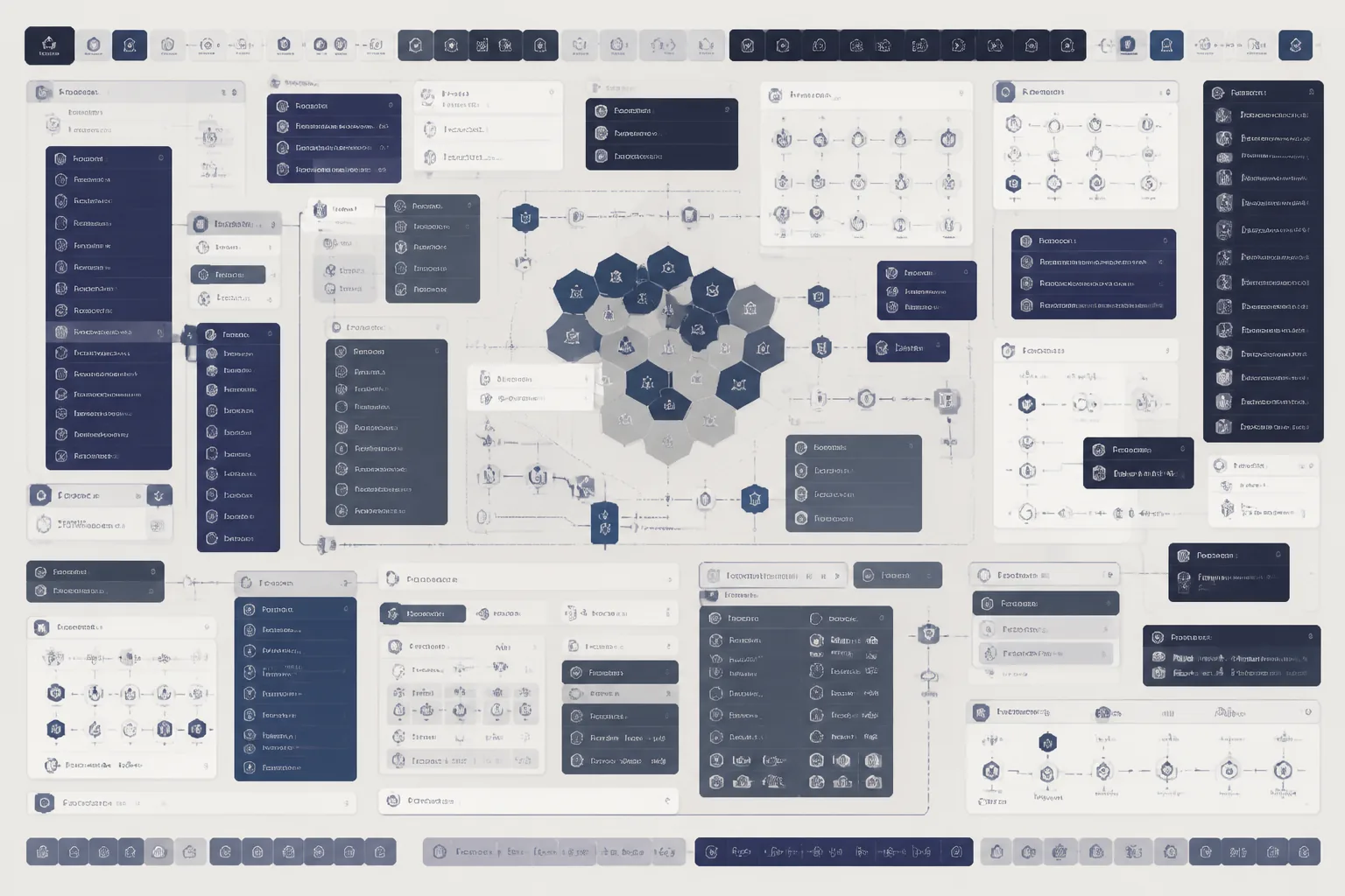 Dense strategy game tutorial and menu screen mockup crowded with popups before the interface redesign